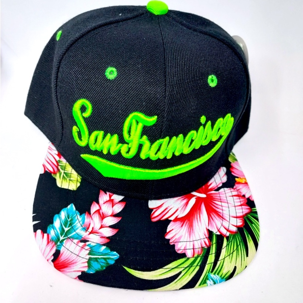 San Francisco Embroidery Hat Adjustable Green Letters Black Background